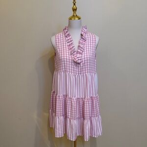 Crown & Ivy Pink Gingham Tiered Dress | Ruffle V-Neck | Sleeveless | M